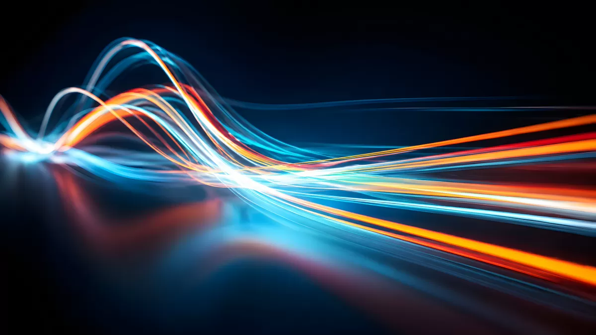 Leuchtende Lichtströme in Blau und Orange auf Schwarz