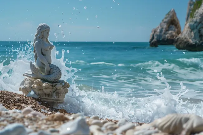 Leuchtende Meerjungfrauenfigur am Strand mit Wellen