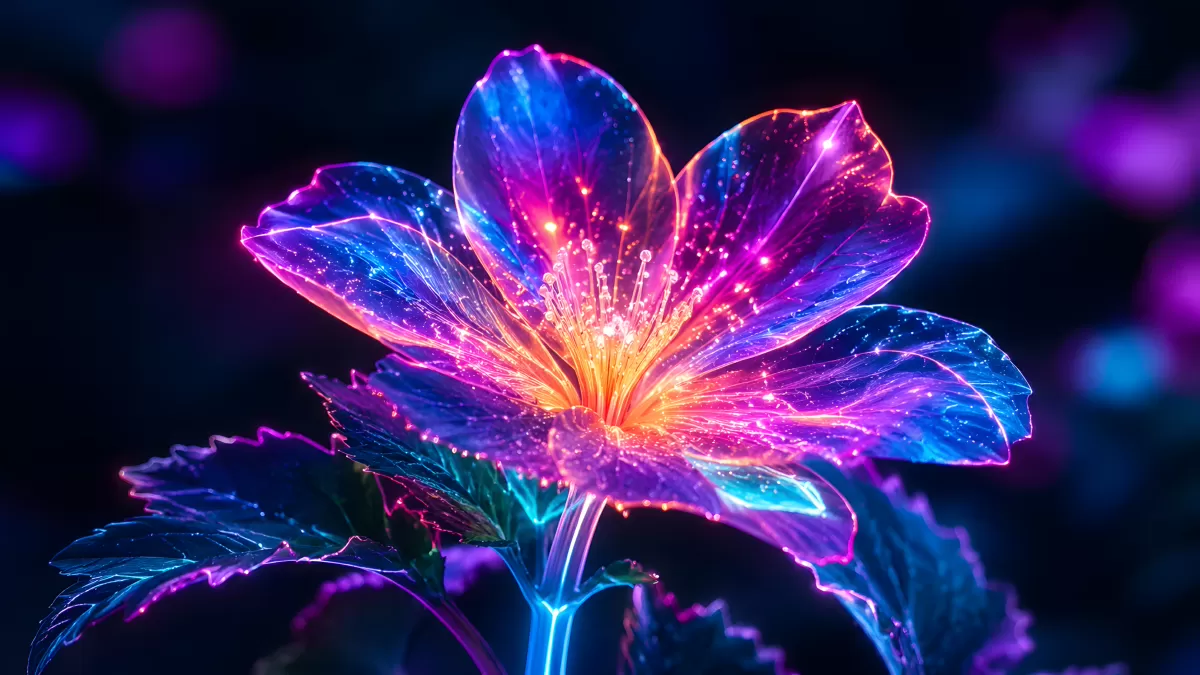 Leuchtende Neon-Blume in Blau und Pink auf dunklem Hintergrund