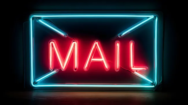 Leuchtende Neon-Mailbox auf Dunklem Hintergrund