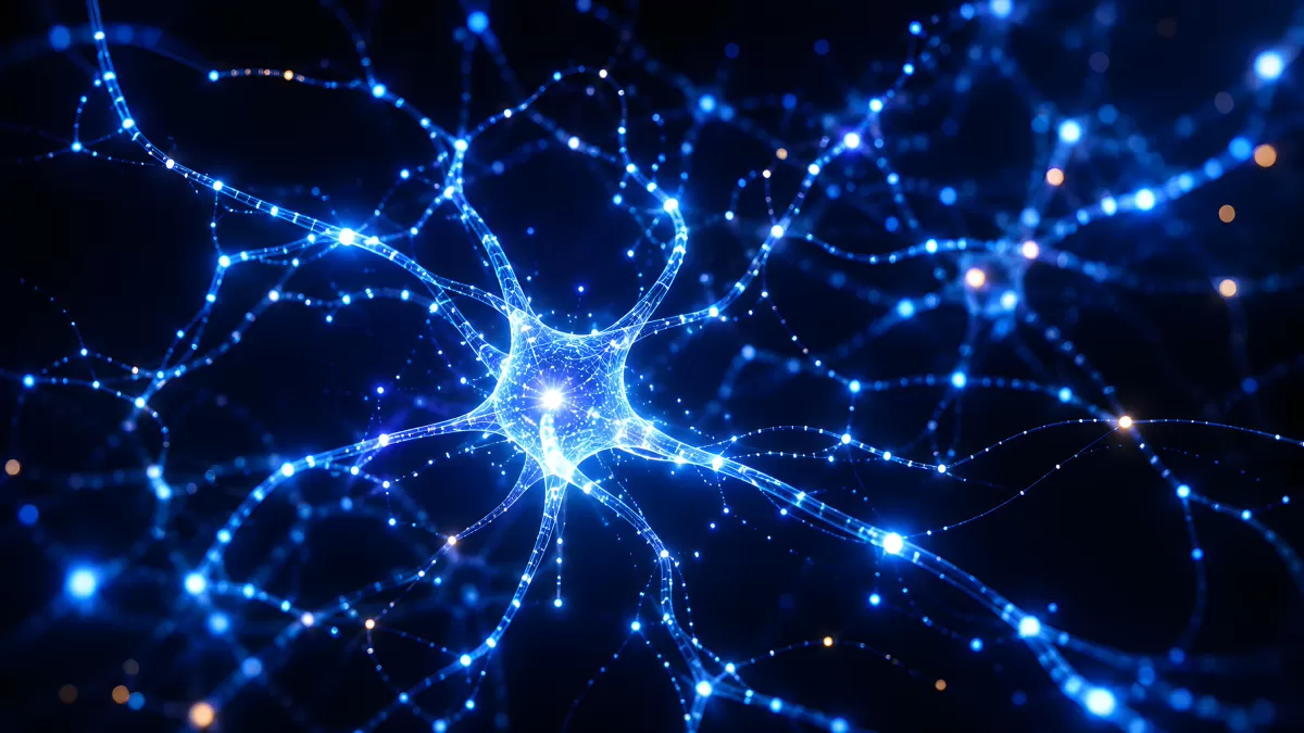 Leuchtende Nervenzelle im digitalen Netzwerk blau