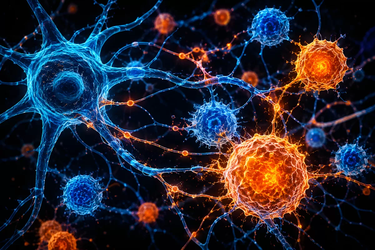 Leuchtende Nervenzellen und Immunzellen im Netzwerk