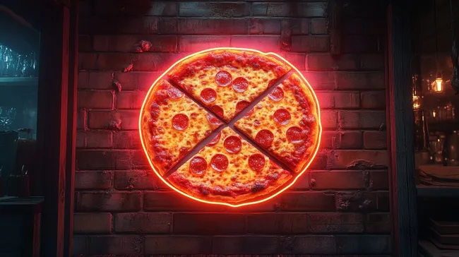 Leuchtende Pepperoni-Pizza an Ziegelwand