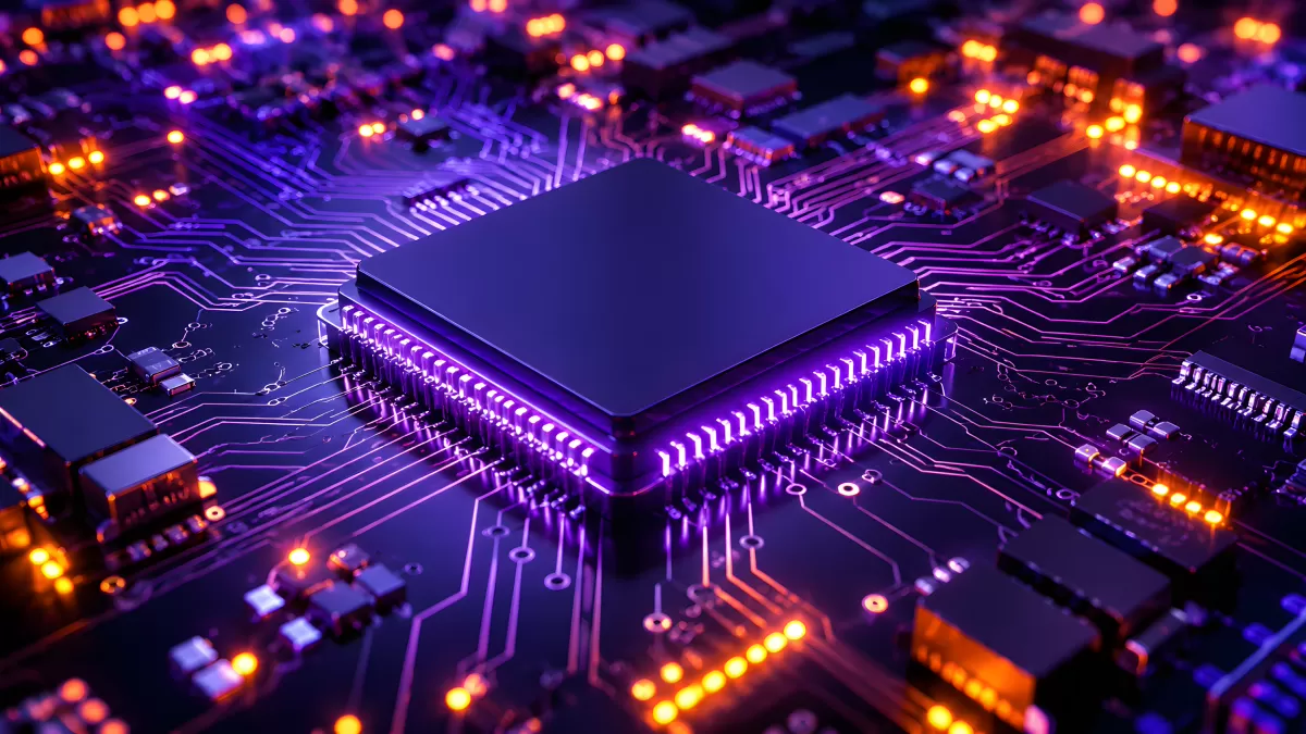 Leuchtende Platine mit violettem Prozessor-Chip