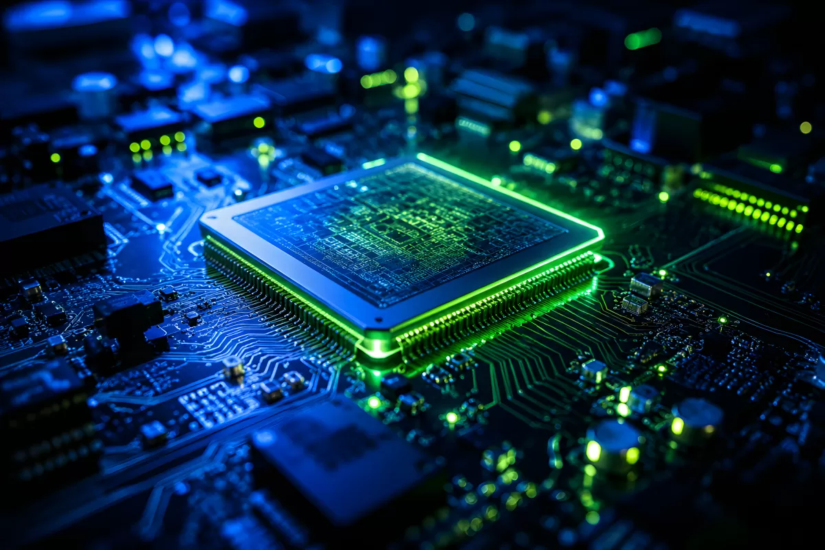 Leuchtende Prozessor-Platine mit grünem Neonlicht