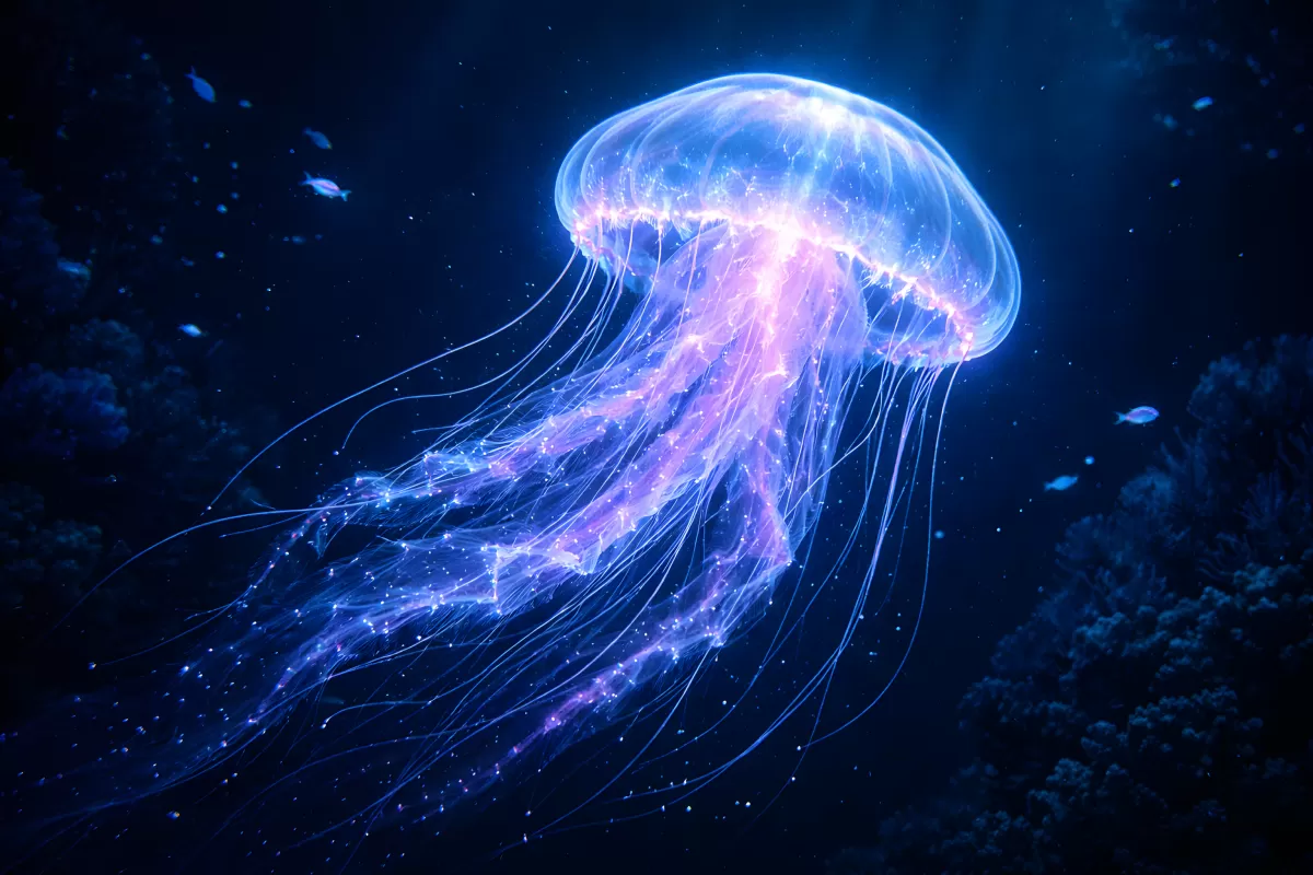 Leuchtende Qualle in tiefblauem Ozean bei Nacht