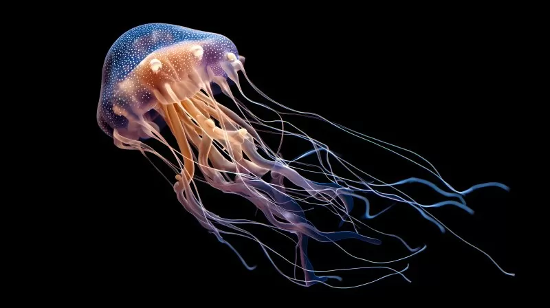Leuchtende Qualle mit langen Tentakeln auf schwarzem Hintergrund