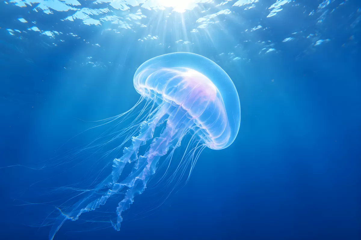 Leuchtende Qualle schwimmt im tiefblauen Ozean