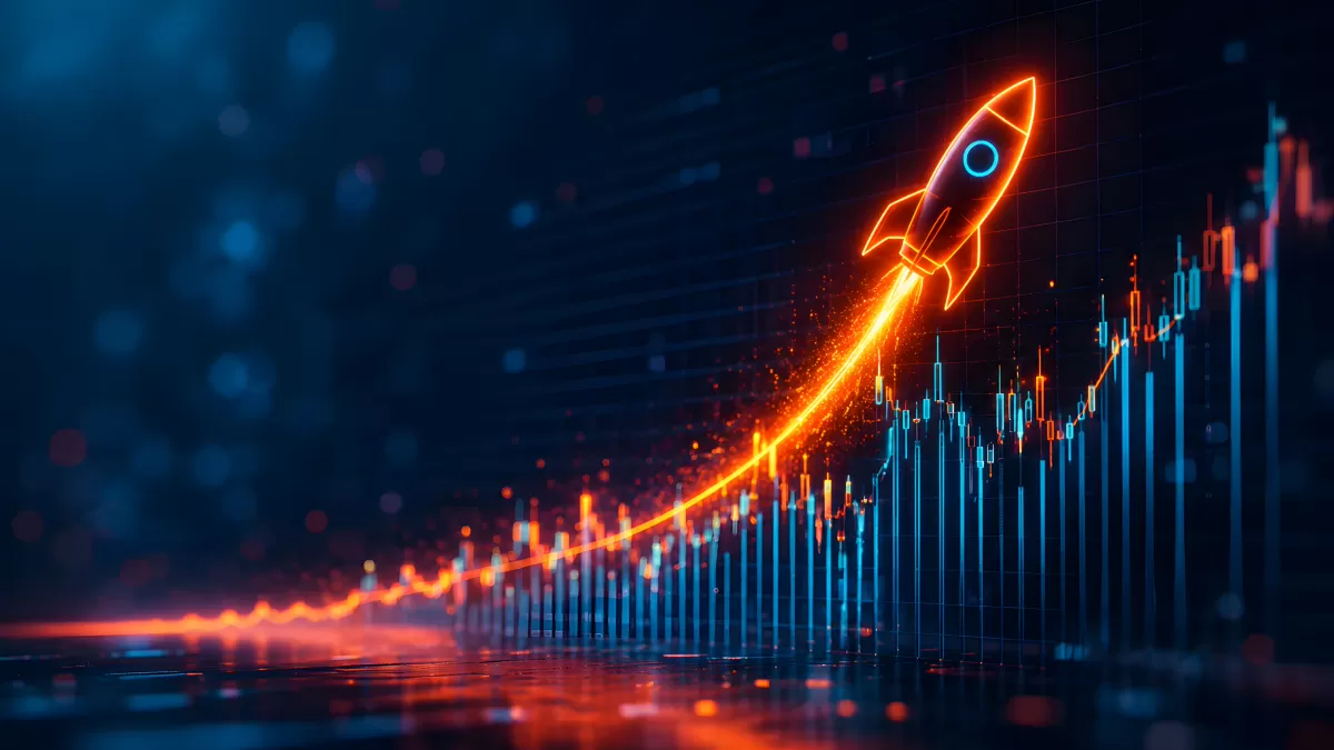 Leuchtende Rakete steigt über digitales Kursdiagramm auf