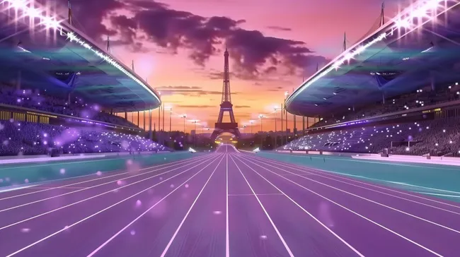 Leuchtende Rennstrecke mit Eiffelturm in lila Nacht