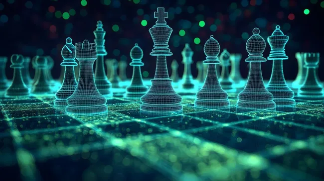 Leuchtende Schach-Computerfiguren auf digitalem Feld