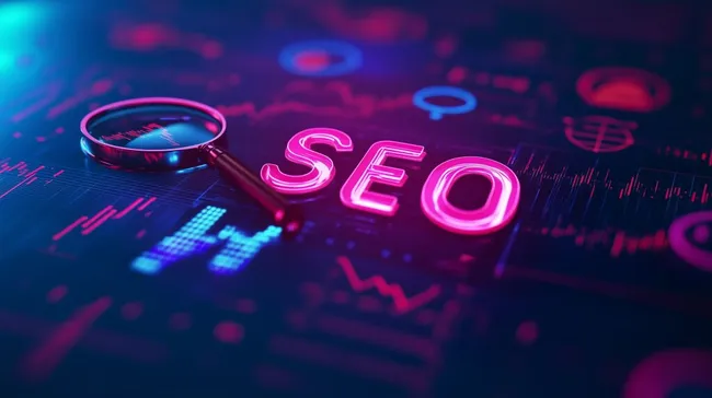 Leuchtende SEO-Symbole in düsterer Atmosphäre