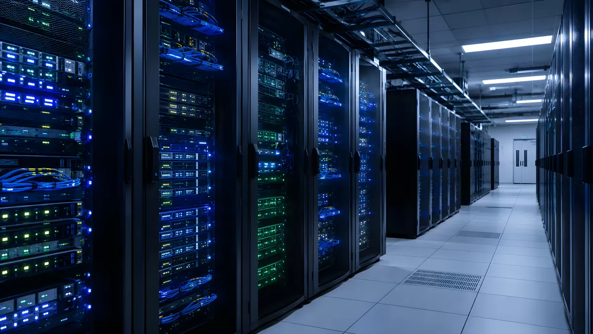 Leuchtende Serverracks im modernen Rechenzentrum