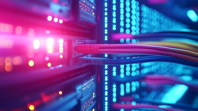 Leuchtende Serverschränke in modernem Rechenzentrum