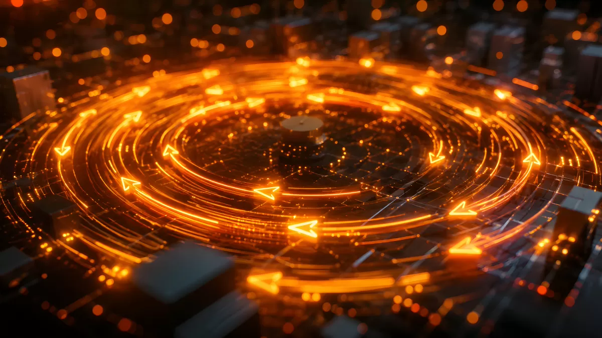 Leuchtende Spiralbahnen mit Pfeilen auf Schaltkreis