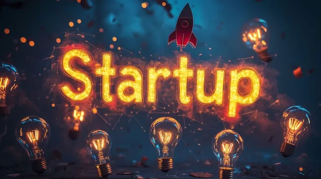 Leuchtende Startup-Wortmarke mit Raketen und Glühbirnen