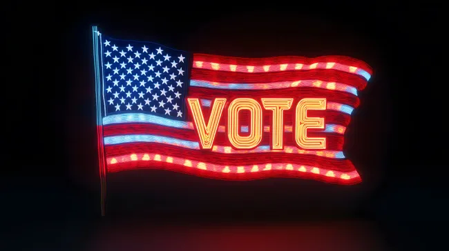 Leuchtende USA-Fahne mit 'Vote'-Schriftzug als Wahlsymbol
