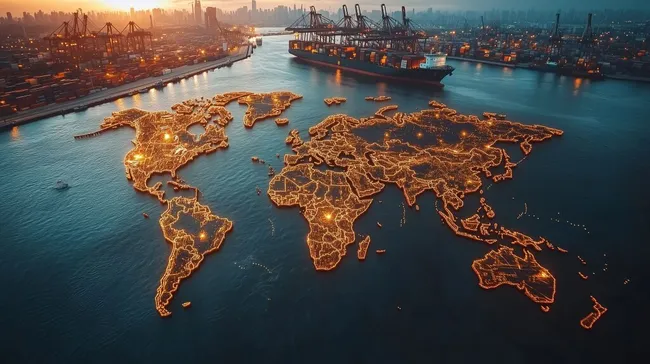 Leuchtende Weltkarte auf Hafenszene bei Sonnenuntergang