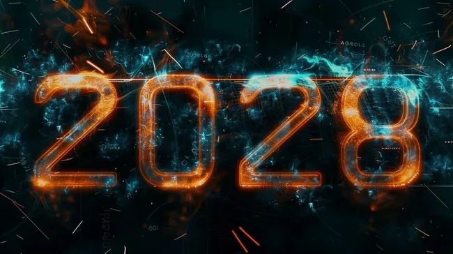 Leuchtende Zahlen 2028 vor mystischem Hintergrund