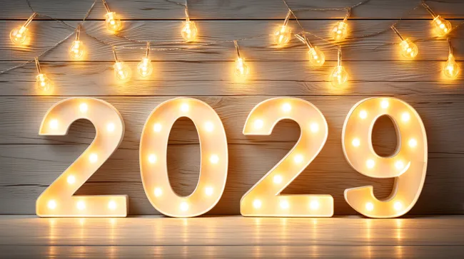 Leuchtende Zahlen 2029 auf Holzdekor