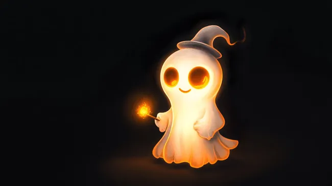 Leuchtender Cartoon-Geist mit Zauberstab auf dunklem Hintergrund