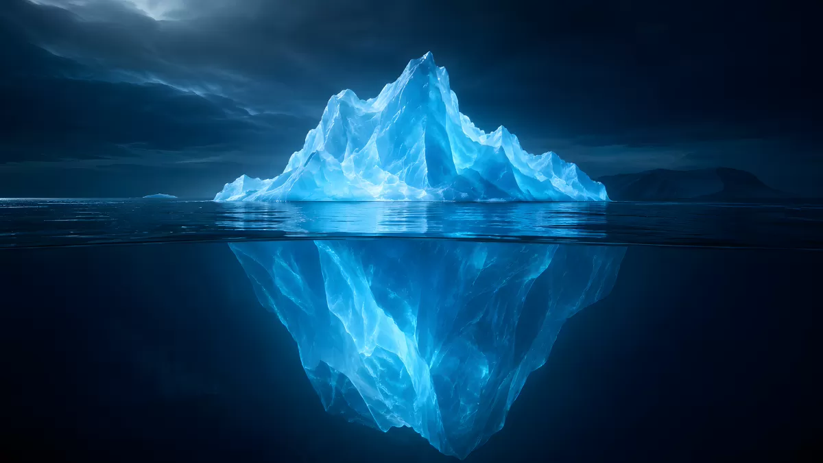 Leuchtender Eisberg unter und über Wasser bei Nacht