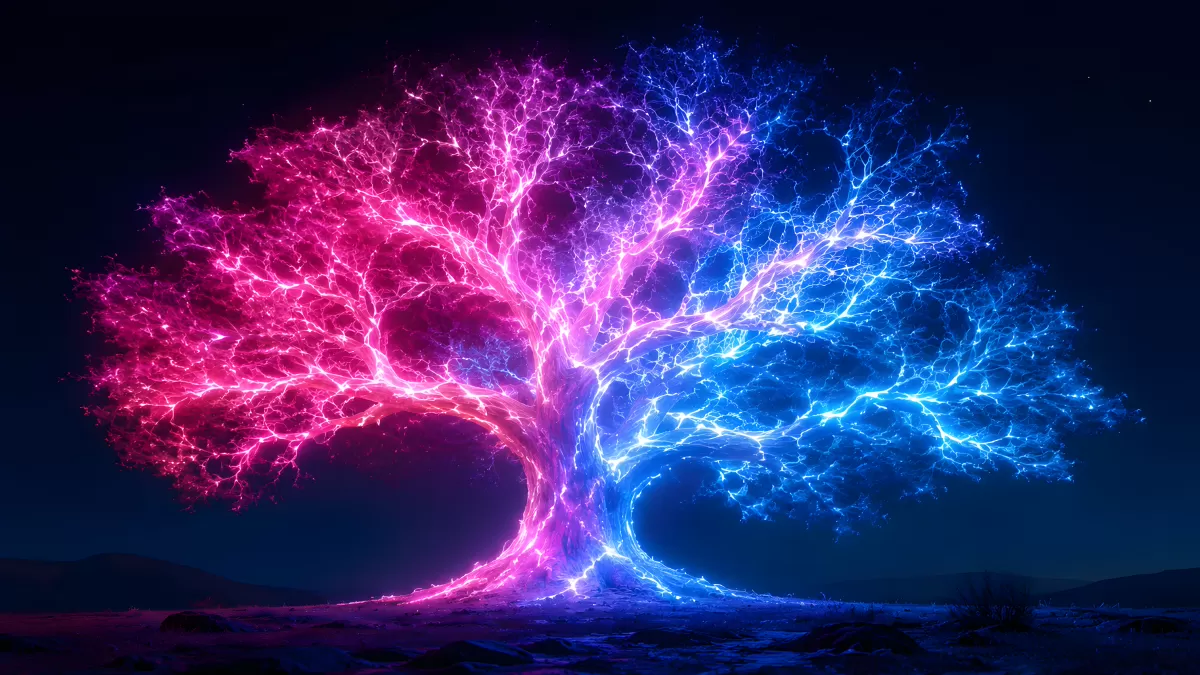 Leuchtender Energiebaum in Rosa und Blau bei Nacht