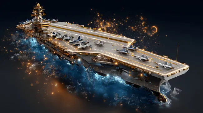 Leuchtender Flugzeugträger über stürmischer See