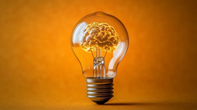 Leuchtender Gehirn-Glühbirne auf orangefarbenem Hintergrund
