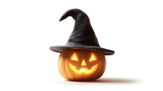 Leuchtender Halloween-Kürbis mit Hexenhut