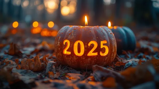 Leuchtender Halloween-Kürbis mit Jahreszahl 2025