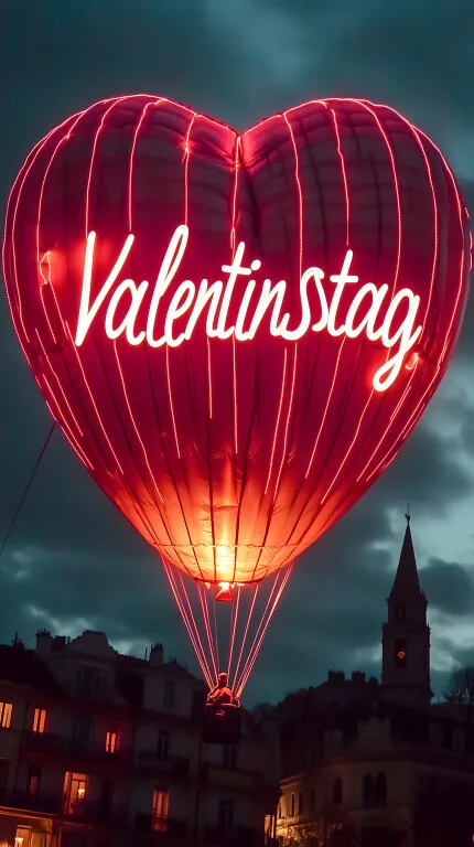 Leuchtender Herz-Heißluftballon über Nachtstadt