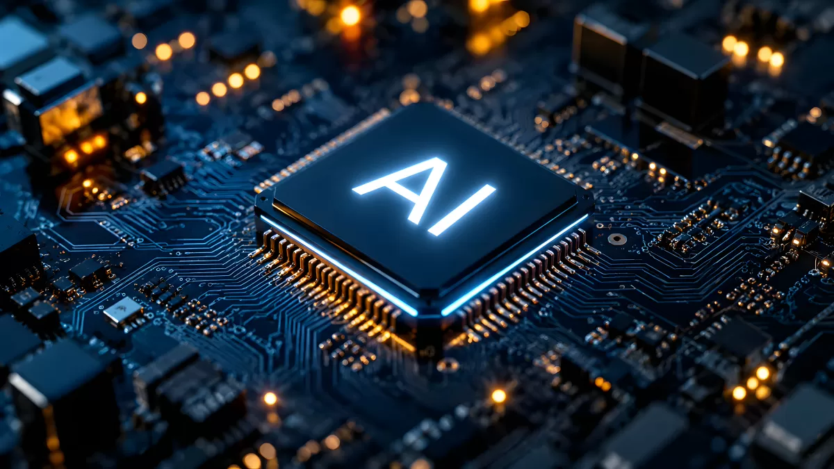 Leuchtender KI-Chip auf moderner Hauptplatine