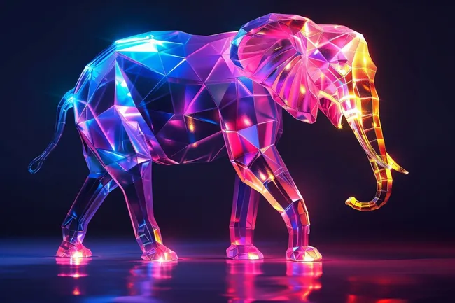 Leuchtender Kristall-Elefant in Neonfarben