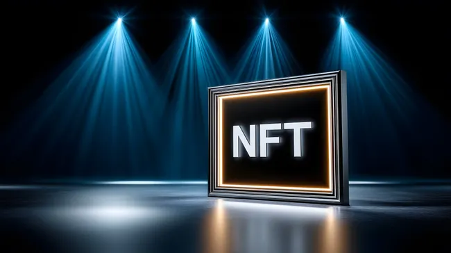 Leuchtender NFT-Rahmen auf dunkler Bühne