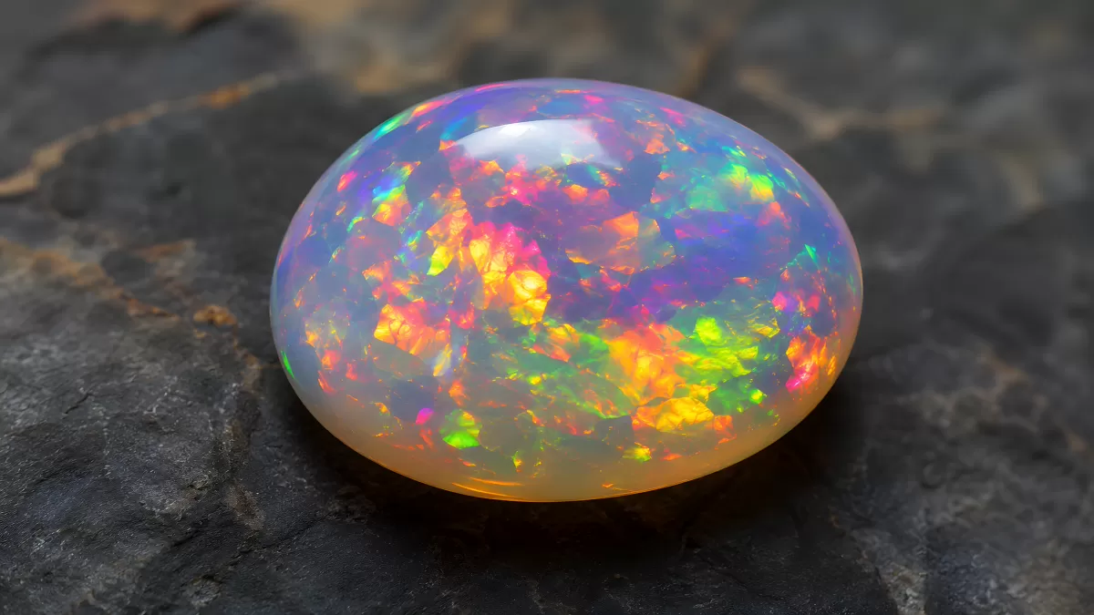 Leuchtender Opal mit Farbspiel auf Felsuntergrund