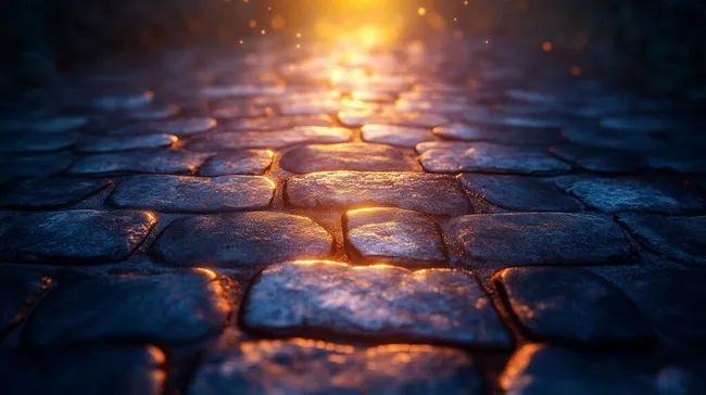 Leuchtender Pflasterweg im warmen Licht des Sonnenuntergangs