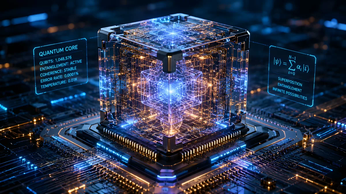 Leuchtender Quantenprozessor als futuristische 3D-Visualisierung