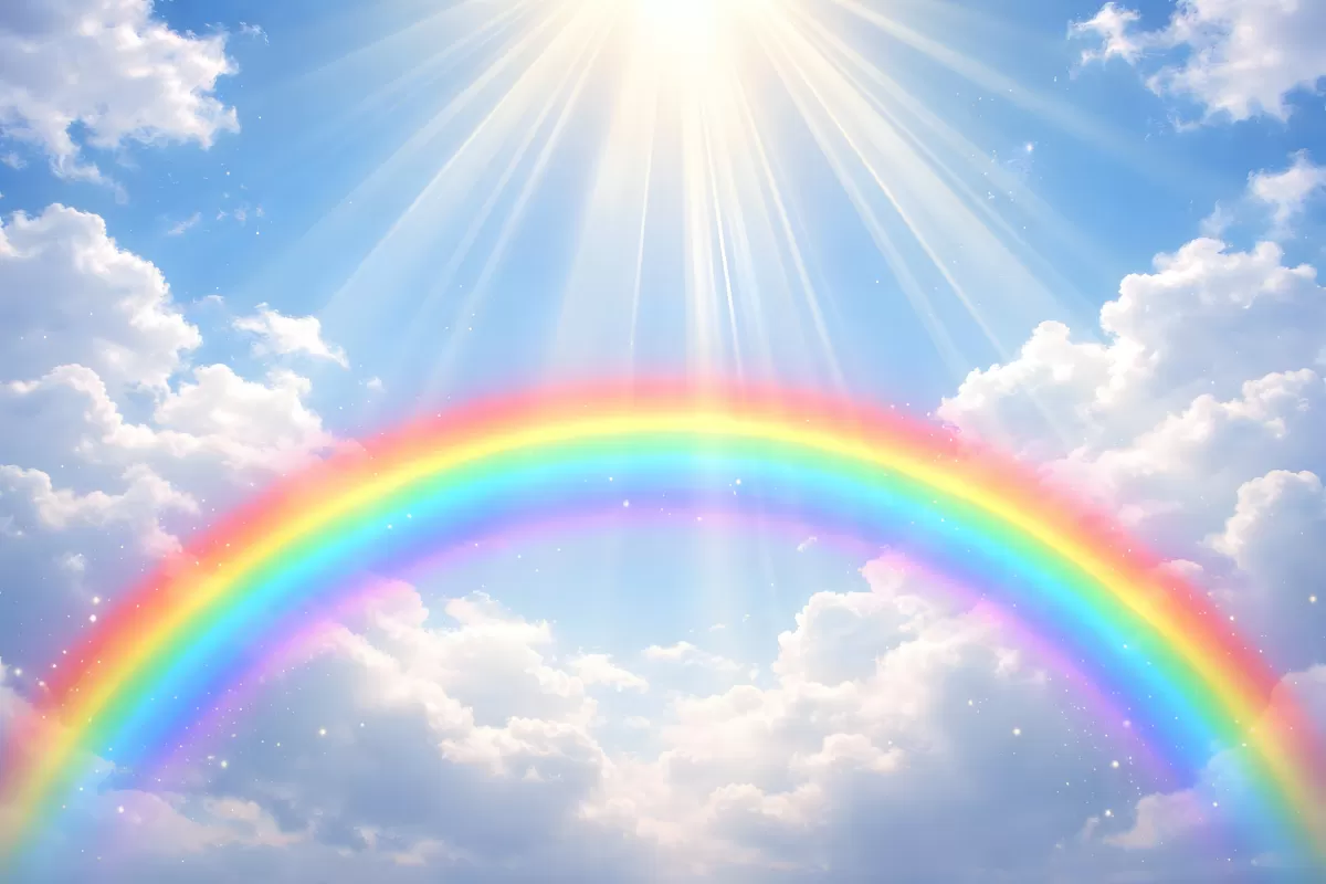 Leuchtender Regenbogen über Wolken mit Sonnenstrahlen