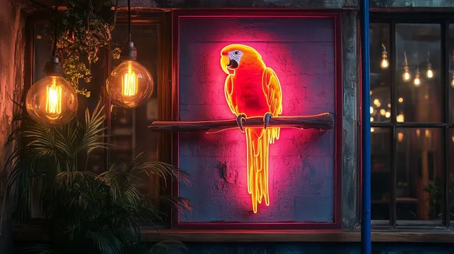 Leuchtender roter Papagei in rustikaler Umgebung