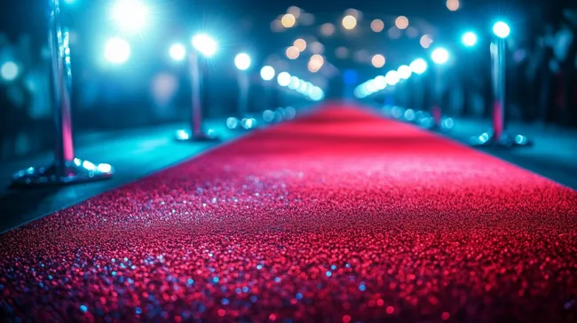 Leuchtender Roter Teppich vor Glasfassade