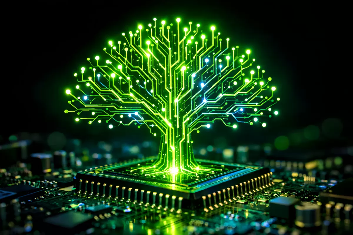 Leuchtender Schaltkreis-Baum wächst aus CPU-Chip