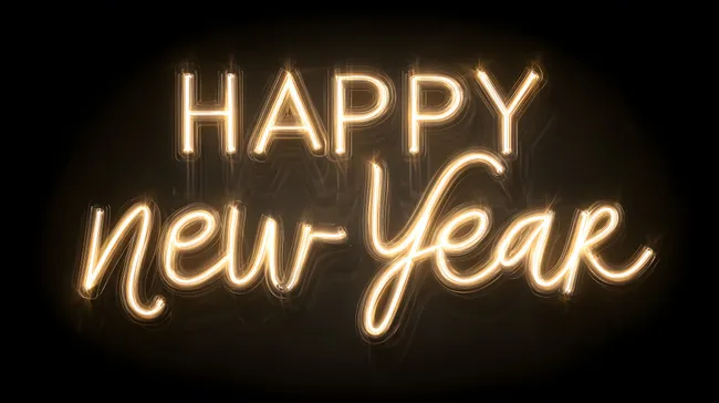 Leuchtender Schriftzug 'Happy New Year' in warmen Farben