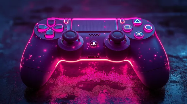 Leuchtender Spielkontroller in Neon-Farbspektrum