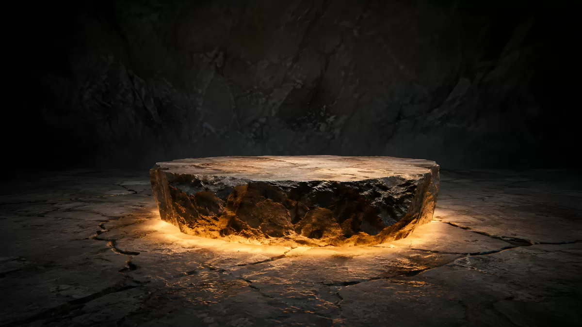 Leuchtender Steinpodest in dunkler Felshöhle