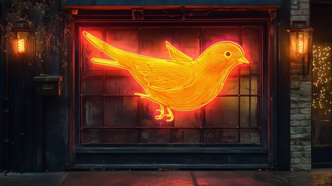 Leuchtender Vogelneon in Stadtshop-Auslage