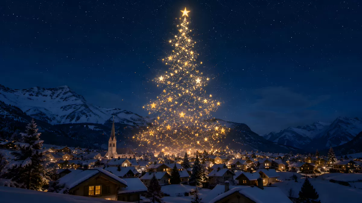Leuchtender Weihnachtsbaum über verschneitem Alpendorf
