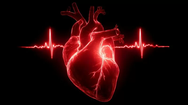 Leuchtendes anatomisches Herz mit EKG Linie auf schwarzem Hintergrund