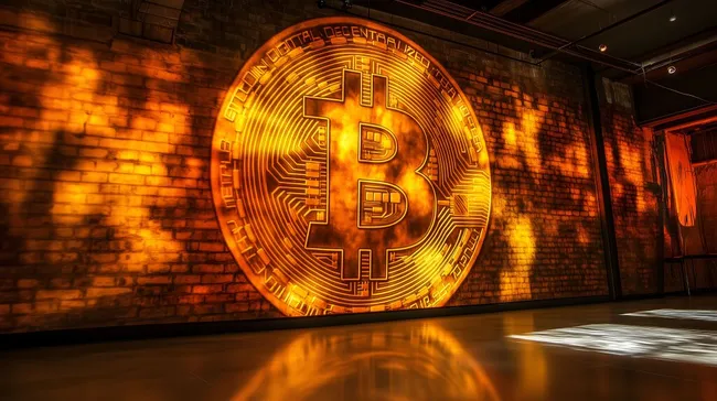 Leuchtendes Bitcoin-Logo an Ziegelwand mit Lichteffekten