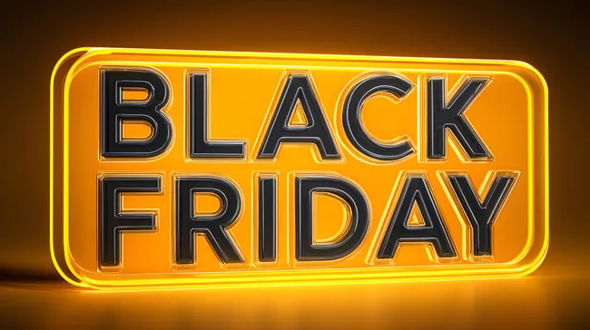 Leuchtendes Black Friday-Schild vor dunklem Hintergrund
